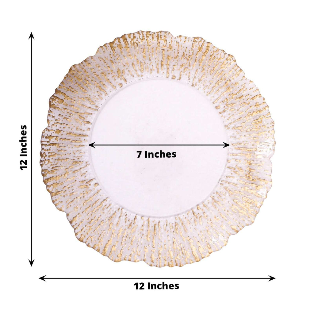 6-Pack Plastic Charger Plates 12", Round Clear with Gold Brushed Scalloped Reef Rim - Decorative Dinner Party Serving Plates